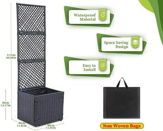 HPC Decor 46" Planter Box with Trellis- Outdoor Raised Garden Bed with Non Woven Bags, Handwoven Garden Bed with Trellis, Free-Standing Planter Box for Climbing Plants/Vines and Garden,Patio,Balcony.