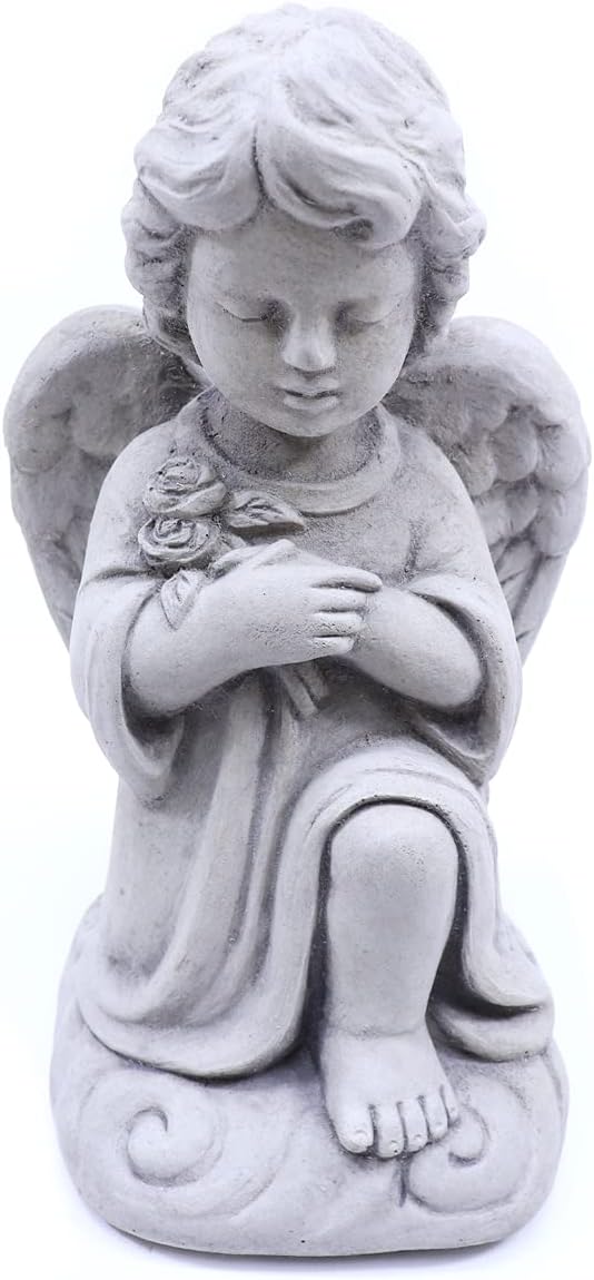 Massarelli's Sweet Blessings Angel Statue Combo - 2-Pack - 'Roses' & 'Praying' - Beautiful, Adorable Patio & Garden Cast Stone Sculptures