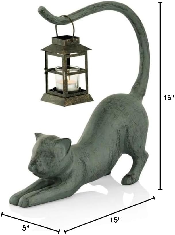 Green Vista Keith The Kitty Cat W/Lantern | Indoor Outdoor Aluminum Garden Statue Sculpture - 15 Inch Height