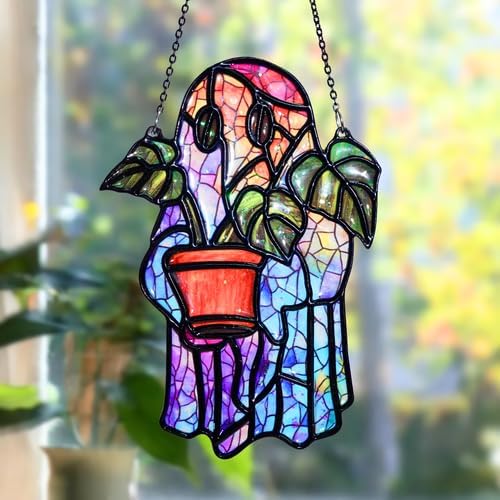 Ghost Monstera Handmade Artisan Resin Sun Catcher Stained Glass Effect Christmas Window Hanging Ornament Garden Decor