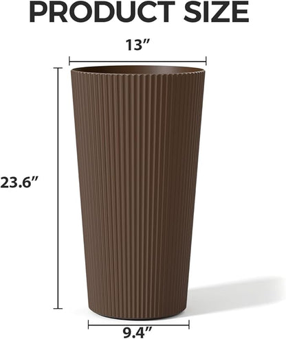 23.6" Tall Planters for Outdoor Plants,Large Outdoor Planters for Front Porch Decor with Drainage Hole, Flower Pots Fits Indoor Plants Patio/Garden, Plastic Striped Brown(2 Pack)