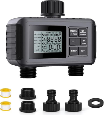 Uzoli SGW07 Sprinkler Timer, Programmable Water Timer for Garden Hose with 2 Outlets, Rain Delay, Manual, IP55 Waterproof Auto Drip Irrigation for Yard, Lawn, Pool