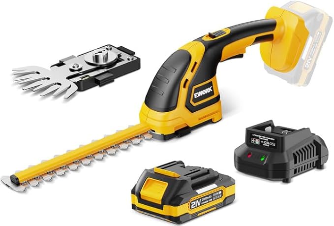 EWORK 21V Cordless Hedge Trimmer & Grass Shears 2-in-1 Handheld Small Electric Bush Trimmer with 2.0Ah Battery and Charger, Battery Powered Shrub Trimmer for Garden, Yard, Lawn Maintenance
