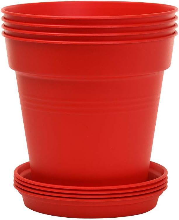 Mintra Home Garden Pots 4pk - Flowers, Herbs, Plants, Indoor, Outdoor, Colorful, Wholesale, Bulk (Red, 17cm Diameter (6.6in))