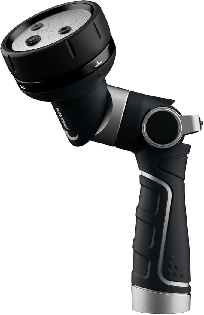 RESTMO 2-IN-1 Garden Hose Nozzle, Heavy Duty Metal Water Hose Nozzle with 4 Spray Patterns, Magic Twist and Thumb Flow Control, Ideal for Watering Plants & Lawns, Washing Cars & Pets, Black