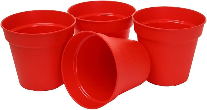 Mintra Home Garden Pots 4pk - Flowers, Herbs, Plants, Indoor, Outdoor, Colorful, Wholesale, Bulk (Red, 13cm Diameter (5in))