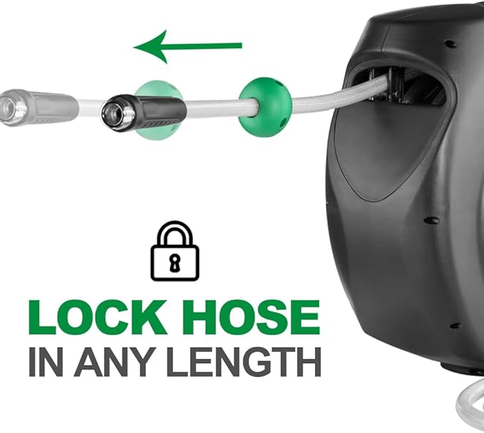 Retractable Garden Hose Reel, 120Ft x 1/2" Durable Wall Mounted Water Hose Reel with 180¡ãSwivel Bracket, 9 Pattern Sprayer, 6Ft leader hose, Smooth Automatic Rewind, Any Length Lock.