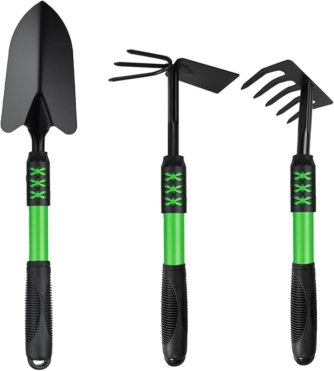 Garden Tool Set, 3Pack Gardening Tools, Stainless Steel Heavy Duty Hand Cultivator, Hoes, Shovel, for Planting Weeding Digging, Green