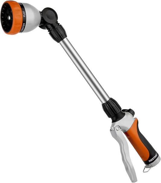 RESTMO Metal Watering Wand, Heavy Duty Garden Hose Wand with 180° Swivel Ratcheting Head, 16'' Hose Nozzle Sprayer with 7 Spray Patterns and Flow Control, for Water Hanging Baskets and Shrubs, Orange