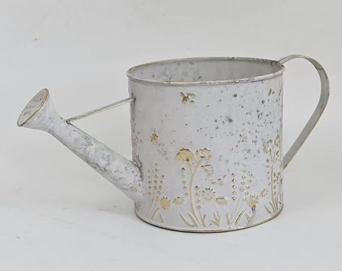 Vintage Watering Can Rustic Farmhouse Metal Watering Pot Garden Decorative Planter for Home Patio Outdoor Wedding Party Decor (White - Gold)