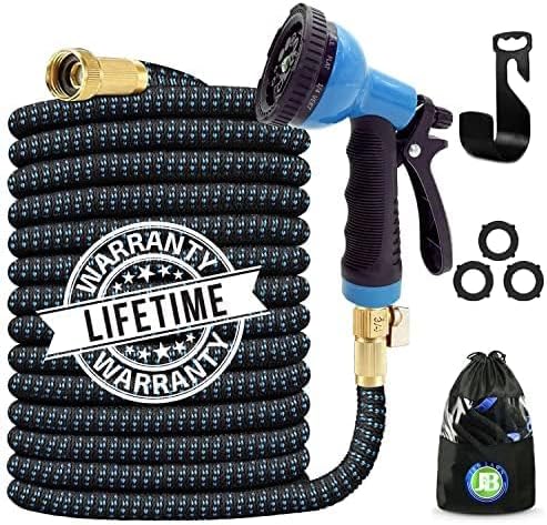 J&B XpandaHose 75ft Expandable Garden Hose with Holder - Heavy Duty Superior Strength 3750D - 4 -Layer Latex Core - Extra Strong Brass Connectors and 10 Spray Nozzle w/Storage Bag (Blue 75)