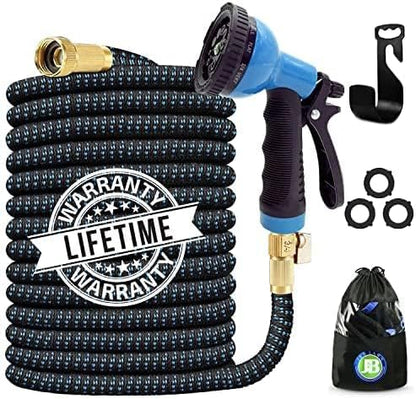 J&B XpandaHose 75ft Expandable Garden Hose with Holder - Heavy Duty Superior Strength 3750D - 4 -Layer Latex Core - Extra Strong Brass Connectors and 10 Spray Nozzle w/Storage Bag (Blue 75)