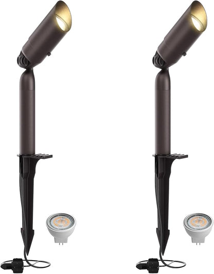 Outdoor Low Voltage Landscape Lighting - 12V Cast Aluminum Spot Lights with 5W 3000K Warm White LED Bulb Waterproof Spotlights Uplights with Wired Connectors for Yard Pathway Garden Tree Wall , 2 Pack