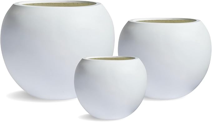 9.7" H x 12" D Globo Fiberstone Round Planter with Drainage Hole, Weather Resistant, Smooth Finish, Planters for Indoor Plants & Outdoor, 2 Extra Coco Mats (White, 7.8" Pot Opening)