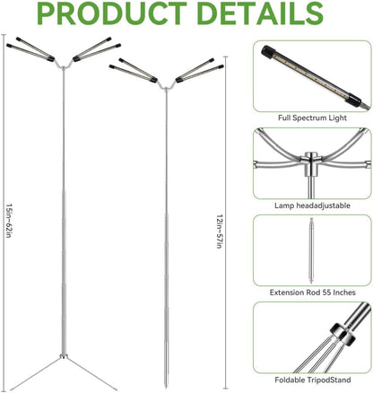 Grow Lights for Indoor Plants Full Spectrum,15-62 Inches Height Adjustable Dsektop and Standing Plant Growing Lamps with Detachable Tripod Stand, Auto On/Off Timer (Full Spectrum, Four Heads)