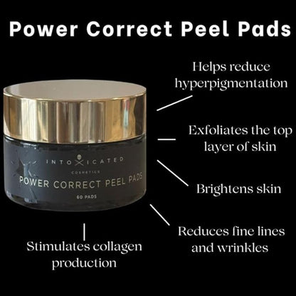 Intoxicated Cosmetics Power Correct Peel Pads - Alpha and Beta Hydroxy Acid Exfoliating Treatment for Fine Lines and Wrinkles - Brightening Pads with Niacinamide and Green Tea Extract for Radiant Skin