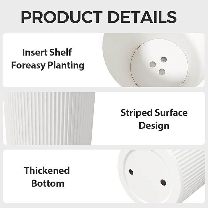 23.6" Tall Planters for Outdoor Plants,Large Outdoor Planters for Front Porch Decor with Drainage Hole, Flower Pots Fits Indoor Plants Patio/Garden, Plastic Striped White (2 Pack)