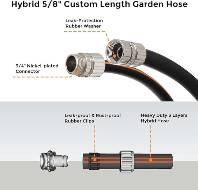 Giraffe Tools Leader Hose 12ft x 5/8", Custom Length, Heavy Duty, No Kink, Flexible, Rubber Garden Hose, Leakproof Water Hose with Male to Female Fittings, 600 Burst PSI