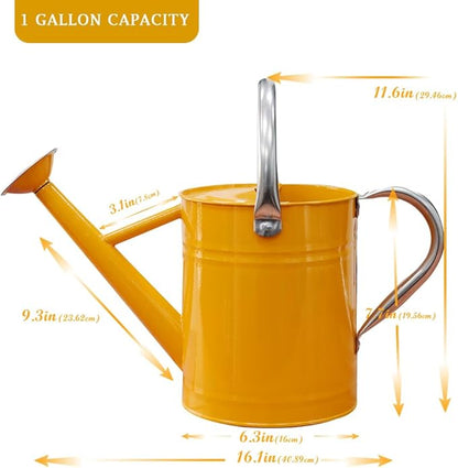 Metal Watering Can, One Gallon Watering Cans Stainless Steel for Outdoor Indoor Garden Plants Watering (Yellow)
