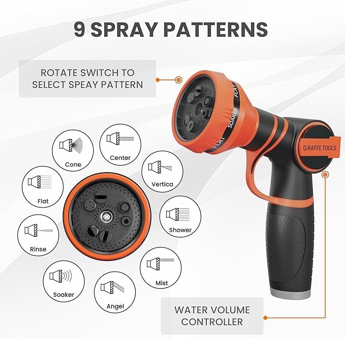 Giraffe Tools Garden Hose 75FT Non-Expandable Lightweight Flexible Water Hoses Burst 600 psi with 9 Spray Function Nozzle Heavy Duty Hose