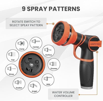 Giraffe Tools Garden Hose 75FT Non-Expandable Lightweight Flexible Water Hoses Burst 600 psi with 9 Spray Function Nozzle Heavy Duty Hose