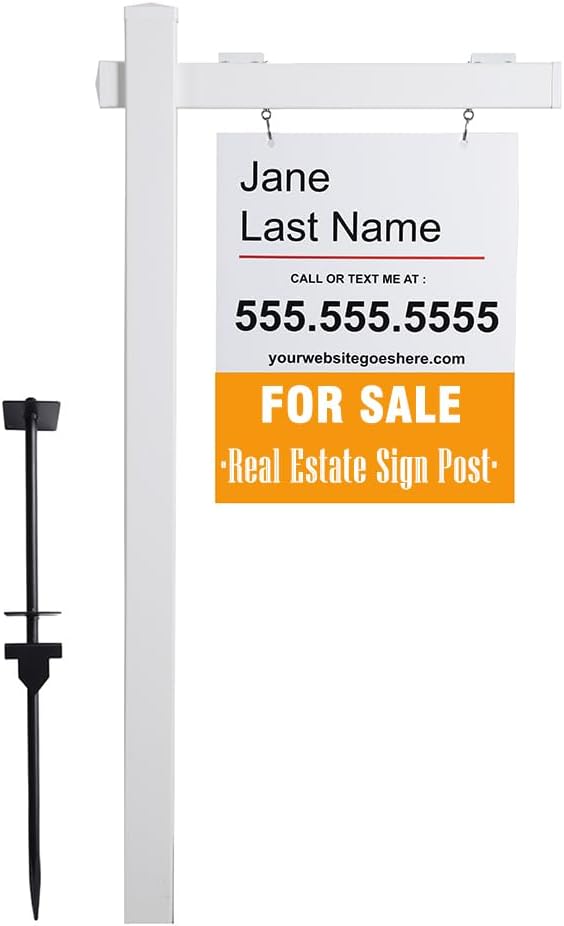 Vinyl PVC Real Estate Sign Post 6' Tall (4"x 4"x 72"), Realtor Yard Sign Post with Flat Cap for Open House and Home for Sale, 36" Arm Holds Up to 24" Sign, White (No Sign)