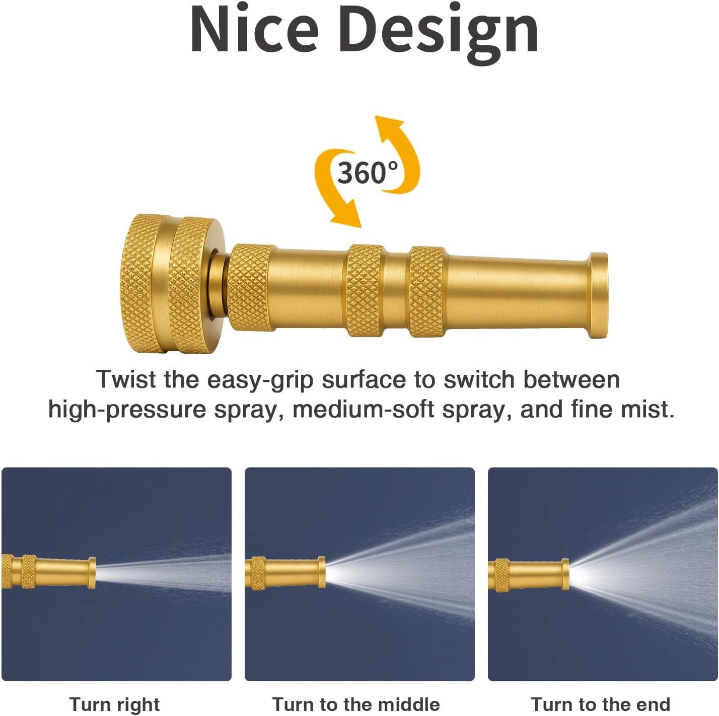 Brass Hose Nozzle Cyprium Brass Water Hose for Garden Hose, High Pressure Adjustable Twist Heavy Duty 4" Power Washer