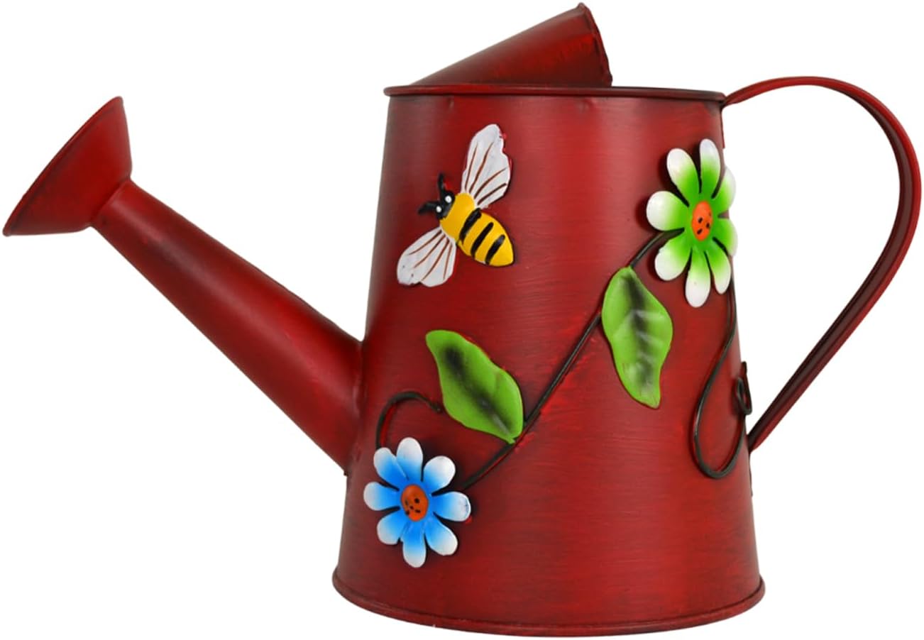 Decorative Wild Flower & Bee Metal Watering Can (Vol: 4 Cups) | Small Red Watering Can | Garden Décor Housewarming Gift for Mother Women Friends Gardeners