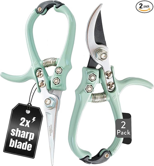 Modern Sprout Hand Pruners & Shears Set - Lightweight Gardening Tools W/Easy Lock - Sharp Carbon Steel Blades -Rust Resistant Scissors for Herbs, Flowers - Reusable Holster - Green