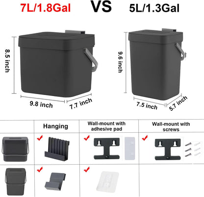 Kitchen Trash Can with Lid, LALASTAR Wall-Mounted Under Sink Small Garbage Can for Kitchen, Bathroom, Compost Bin Countertop, Cabinet Trash Can Hanging, 1.8 Gallon, (Black, 7L)