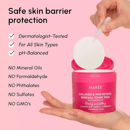 MAREE Collagen Acne Clearing Polishes - Toner Pads with Retinol - Minimizing Wrinkle Zero Pore Pads - Hydrating Toning Collagen Pad with Retinol & Centella Device - Anti Aging Brightening Wipes