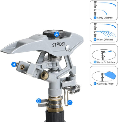 STYDDI T-Post Fence Sprinkler, Metal Impact Sprinkler Head on Fence T-Post Base with Flow Through, Irrigation Zinc-Alloy Adjustable T-Post Impulse Sprinkler