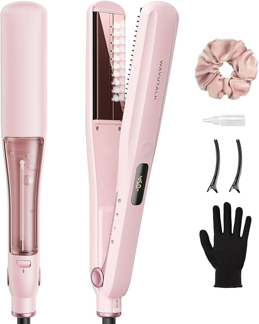 Wavytalk Steam Sesh Hair Straightener, Steam Reduces Damage, Nourishes Hair, and Expedites Straightening, 1.38'' Nano Titanium Flat Iron with Detachable Comb for Silk Press Smoothing & Blowout, Pink