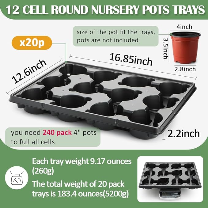 12 Cell Round Nursery Pot Trays Thickened Durable Seedling Pots Shuttle Carrying Trays for Holding 4 Inch Nursery Pots (16.85" × 12.6", 20-Pack)