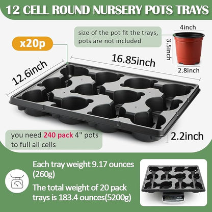 12 Cell Round Nursery Pot Trays Thickened Durable Seedling Pots Shuttle Carrying Trays for Holding 4 Inch Nursery Pots (16.85" × 12.6", 20-Pack)