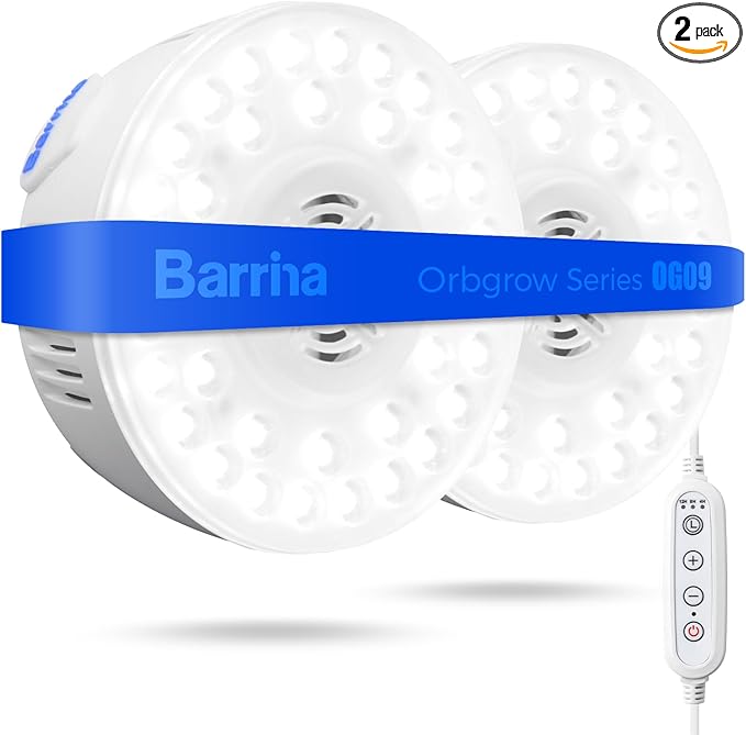 Barrina Orbgrow OG09 Puck Grow Light, 5000K 18W(2 x 9W, 270 Watt Equiv), Full Spectrum Plant Light for Indoor Plants, Magnetic & Linkable with Timer, 5 Levels Dimmable for Plant Shelf, 2 Packs