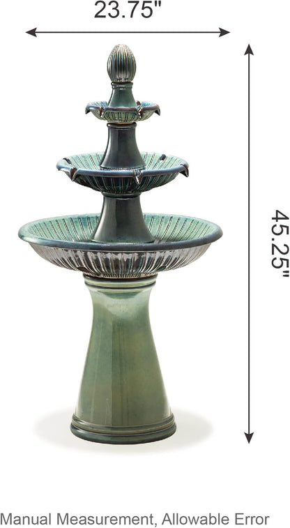 Glitzhome Outdoor Fountain 3 Tier Waterfalls, 45.25" H Ceramic Water Fountain with Pump & LED Light Oversized Indoor Outdoor Floor-Standing Fountains Garden for Patio Backyard Deck Lawn, Turquoise