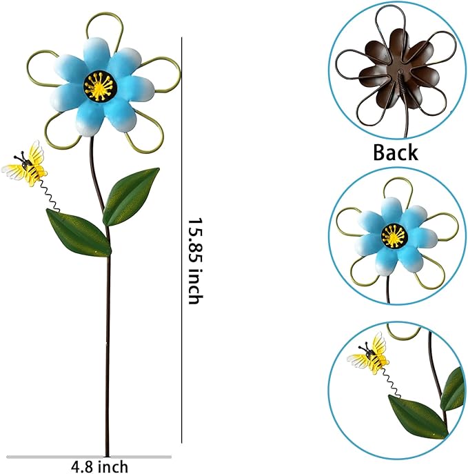 Metal Flowers for Outside, 15.85" 4-Pack Decorative Garden Stakes for Spring Garden Decor, Shaking Head Yard Art Decorations for Patio Porch Lawn Ornaments