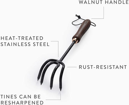Barebones Cultivator - Weed Remover Tool - Garden Rake and Weeding Tool for Yard Work - Stainless Steel Cultivator for Raking Soil (Walnut/Black)
