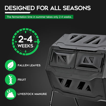 43 Gallon Large Composting Tumbler Dual Chamber Outdoor Garden Rotating Compost Bin Tumbling Composter with Sliding Door,Black