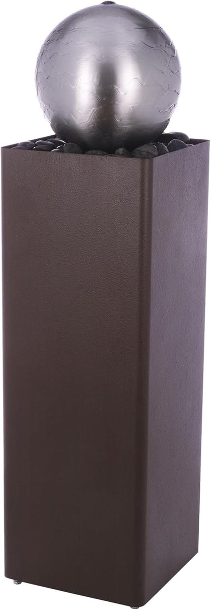 Alpine Corporation CPS188 Indoor Outdoor Modern Metal Orb Water Floor Fountain with River Rock Stone for Patio, Garden and Living Room, 37" H, Brown