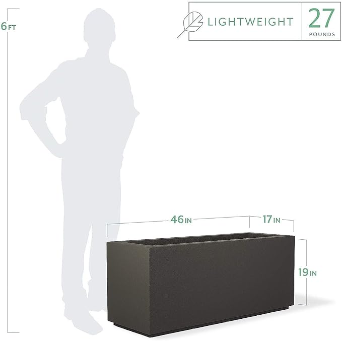 PolyStone Milan Tall Modern Outdoor/Indoor Rectangular Trough Planter, 46" L X 17" W X 19" H, Lightweight, Heavy Duty, Weather Resistant, Polymer Finish, Commercial and Residential (Slate Gray)