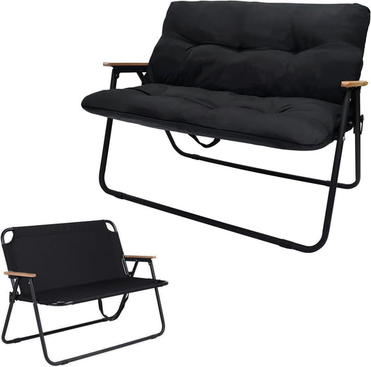 Loveseat Camping Chair with Detachable Cushion, Folding Double Camping Chair with Armrests for Outdoor Fishing Travel Lawn Patio (Black)