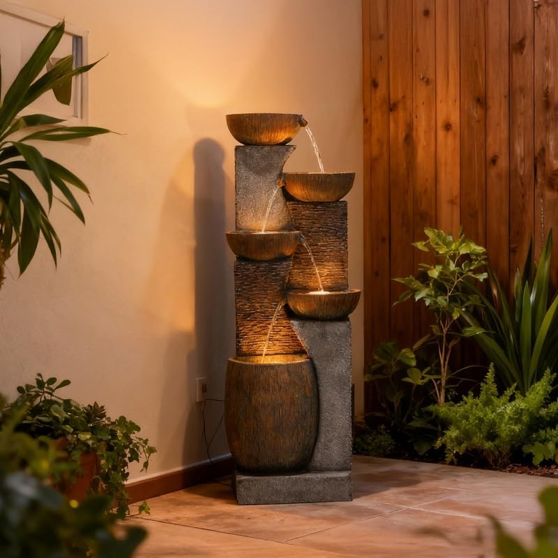 51.6'' H Tall Outdoor Water Fountain, 5-Tier Resin Cascading Crock Bowls with LED Lights, Garden Water Feature and Waterfall for Porch, Deck, Patio, Yard, and Home Décor, Dark Gray