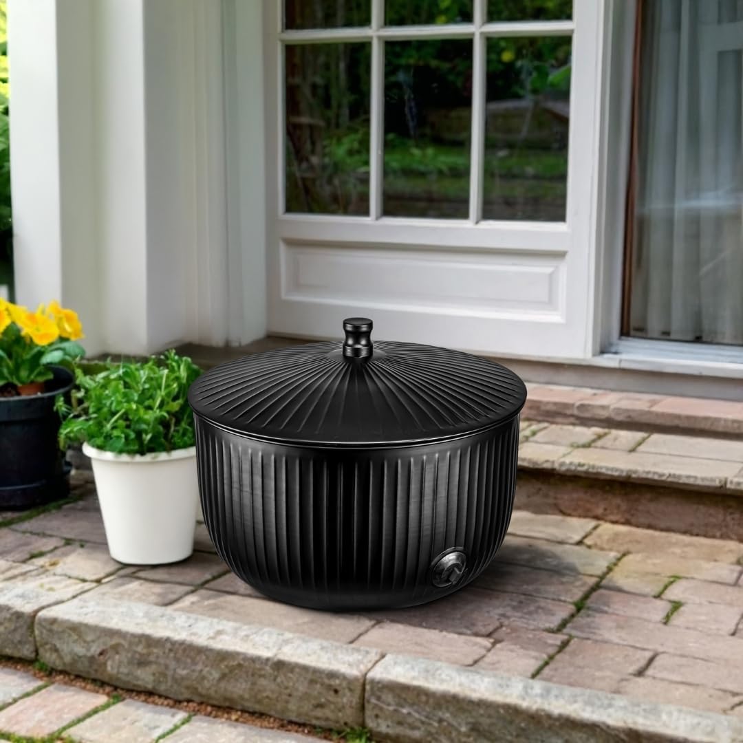 Monarch Abode Decorative Garden Hose Holder with Lid, Matte Black Storage for Outdoor Use, 100 ft Water Hose Pot for Outside, Ridge Embossed Metal Pot with Drainage, Garden Storage Organizer