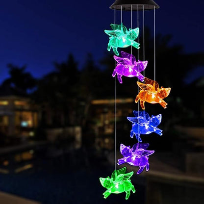 Color Changing LED Pigs Fly Wind Chimes Gift Portable Waterproof Mobile Romantic Fly Pigs Windchime, LED Solar Pig Wind Chime Lights Gift for Mom, Festival, Patio, Garden, Outdoor Decor(Black lid)
