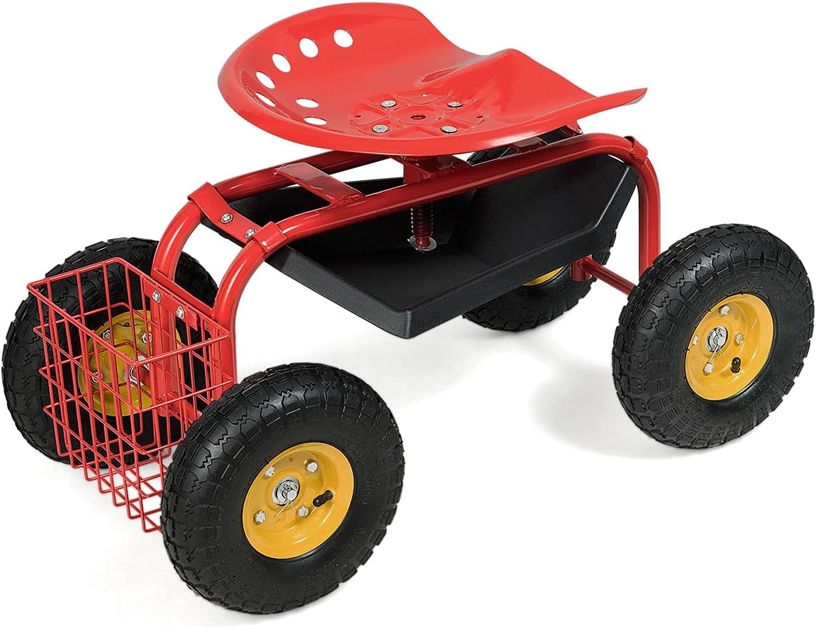 IRONMAX Garden Cart with Seat, Gardening Rolling Stool Scooter w/Wheels, Tool Tray and Basket for Planting, Wheeled Outdoor Gardening Work Seat for Patio, Yard (Red)