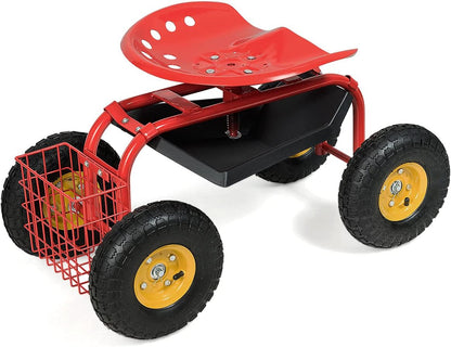 IRONMAX Garden Cart with Seat, Gardening Rolling Stool Scooter w/Wheels, Tool Tray and Basket for Planting, Wheeled Outdoor Gardening Work Seat for Patio, Yard (Red)