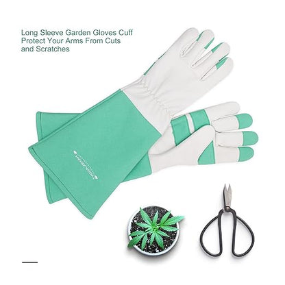HLDD HANDLANDY Leather Gardening Gloves for Women & Men - Long Sleeve Rose Pruning, Thorn Proof Garden Work Gauntlet, Animal Handling (Small, Green)
