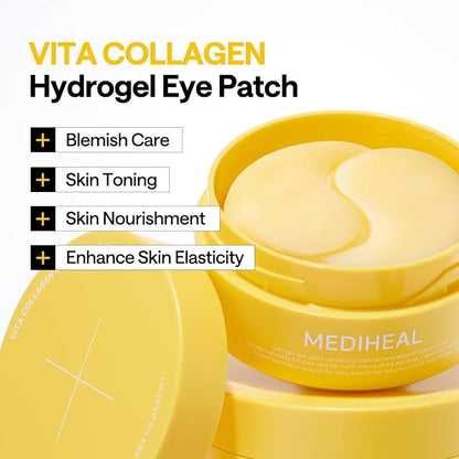Mediheal Vita Collagen Under Eye Patches for - Korean Hydrogel Eye Pads (60 patches) with 7 Vitamin & 5 Micro Collagen. Moisturizng & Non Irritating Eye Gel Mask. Sealing Cap Included.